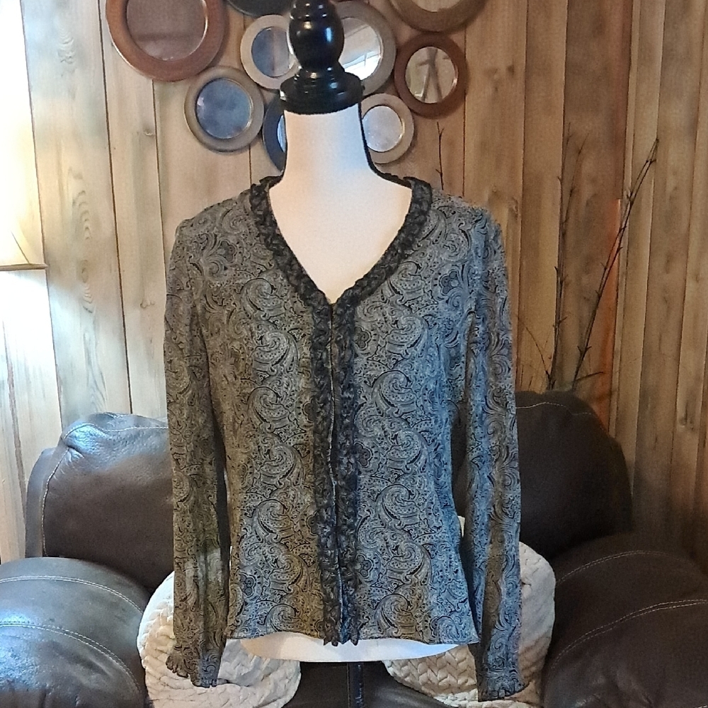 Laura Ashley 100% Silk Black/Tan Blouse Office Business Professional Ruffle